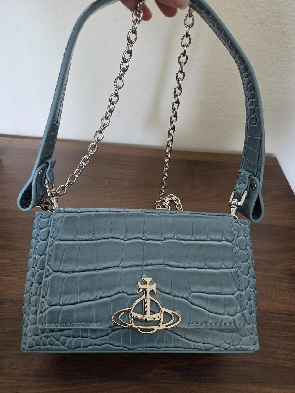 Vivienne Westwood Blue Croc-Embossed Chain Crossbody Bag
